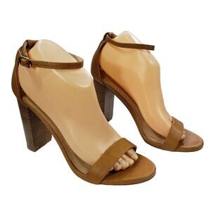 Lulus Sandals 9 Women Taylor Stacked Heel‎ Cognac Brown Beige Tan Strappy Sleek
